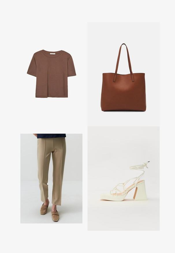 Maglietta a maniche corte marrone realizzata in tessuto morbido, con scollatura rotonda e vestibilità rilassata. Nessun motivo o dettaglio visibile.; Pantaloni beige su misura con una texture liscia, frontale piatto e sottili spacchi laterali all'orlo, abbinati a scarpe slip-on beige chiaro.; Sandalo bianco con tacco alto, caratterizzato da un design a cinturini e un legaccio alla caviglia. Texture liscia con una piattaforma frontale per un'altezza aggiuntiva.; Borsa tote in pelle marrone con texture liscia, design con apertura superiore e due spallacci. Presenta cuciture minime e nessun hardware visibile.