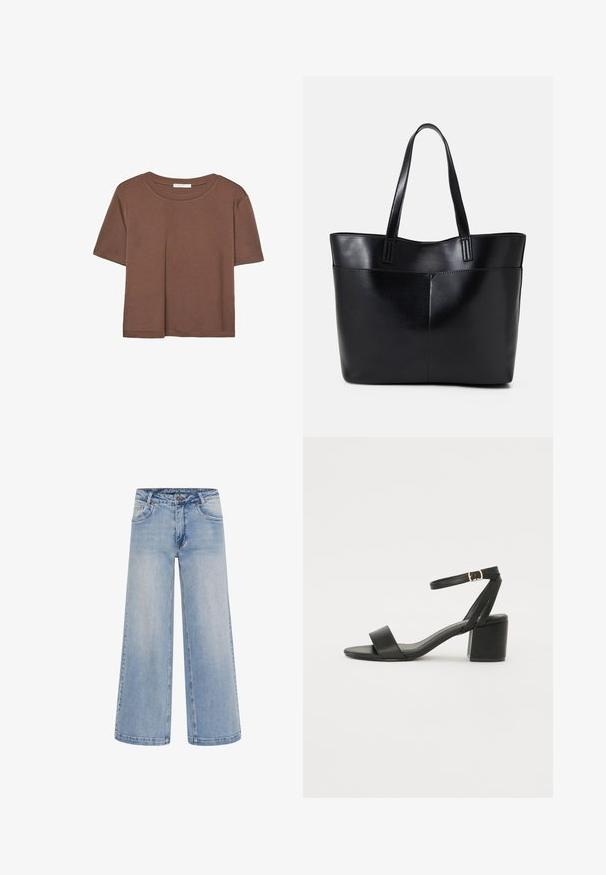 Rjava kratka majica s kratkimi rokavi iz mehkega materiala, s krožnim izrezom in ohlapnim krojem. Brez vidnih vzorcev ali dodatkov.; Svetlo modri široki traper hlače z visokim pasom, petimi žepi in kontrastnim šivom. Narejene iz denima z gladko teksturo.; Črne sandale na peto z gladkim usnjenim zgornjim delom, odprtim nosom, širokimi sprednjimi trakovi in nastavljivim gležnjenčkom z zlatim zaponko.; Črna usnjena torba z dvema dolgima ročajema, gladko teksturo in strukturirano obliko. Ima sprednji žep za dodatno shranjevanje.