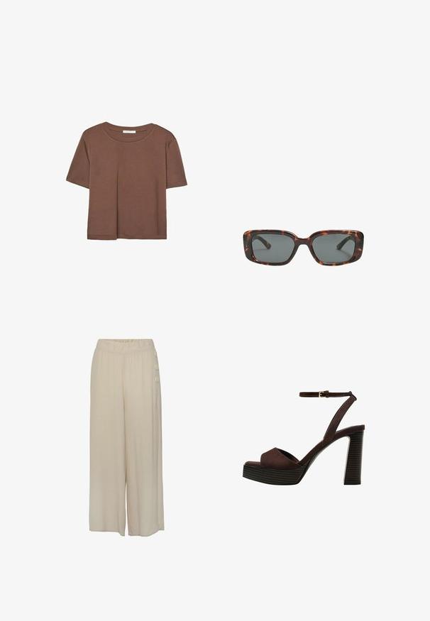 Hnědé tričko s krátkým rukávem vyrobené z měkké látky, s kulatým výstřihem a volným střihem. Bez viditelných vzorů nebo dekorací.; Světle béžové kalhoty širokého střihu vyrobené z lehkého materiálu. Mají elastický pas a tři dekorativní knoflíky po straně. Hladká textura.; Hnědé semišové sandály na vysokém podpatku s otevřenou špičkou, nastavitelným páskem kolem kotníku a proužkovou platformou.; Sluneční brýle ve stylu želvoviny s obdélníkovými čočkami, silnými rámy a tmavými zbarvenými čočkami. Hladký povrch a minimalistický design.