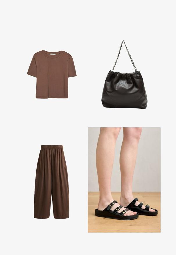 Brun kortärmad t-shirt i mjukt tyg, med rund halsringning och avslappnad passform. Inga synliga mönster eller detaljer.; Bruna, vida byxor med elastisk midja, tillverkade av ett strukturerat tyg. Nederkanten är rak, vilket ger en avslappnad passform.; Svarta sandaler gjorda av mjukt material, med tre justerbara remmar med guldfärgad spännen och en platt sula med texturerat grepp.; Brun läderväska med rynkad topp och kedjesnodd. Slät textur med en blankslipad yta och subtila sömdetaljer på sidorna.