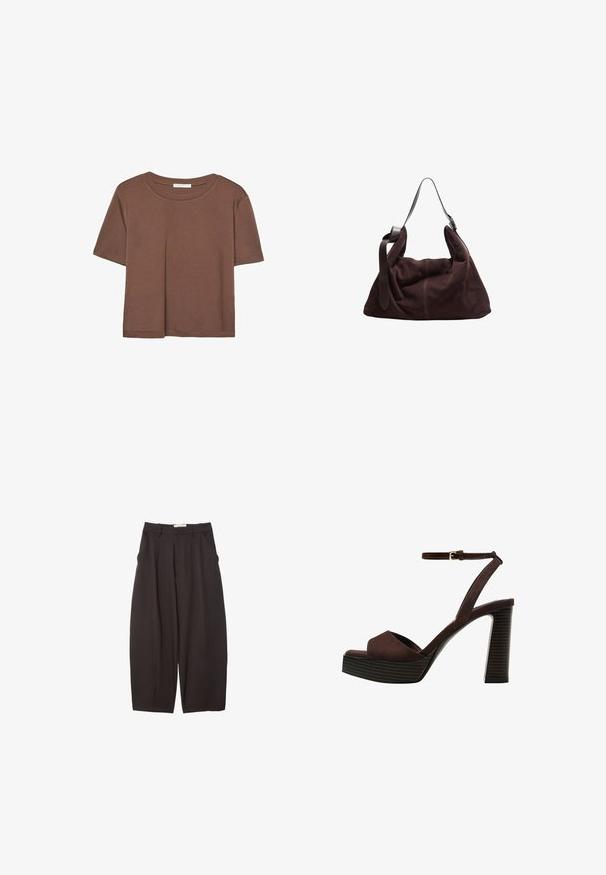 Korte mouwen T-shirt in bruin, gemaakt van een zachte stof, met een ronde halslijn en een relaxte pasvorm. Geen zichtbare patronen of accenten.; Zwarte wijde broek gemaakt van een gladde stof, met een hoge taille, voorplooien en zijzakken. Eenvoudig ontwerp zonder versieringen.; Bruine suède high-heeled sandaal met een open teen, verstelbare enkelband en een gestreepte plateauzool.; Donkerbruine suède hobo schoudertas met brede verstelbare leren schouderband en een zachte, slonzige vorm op een witte achtergrond.