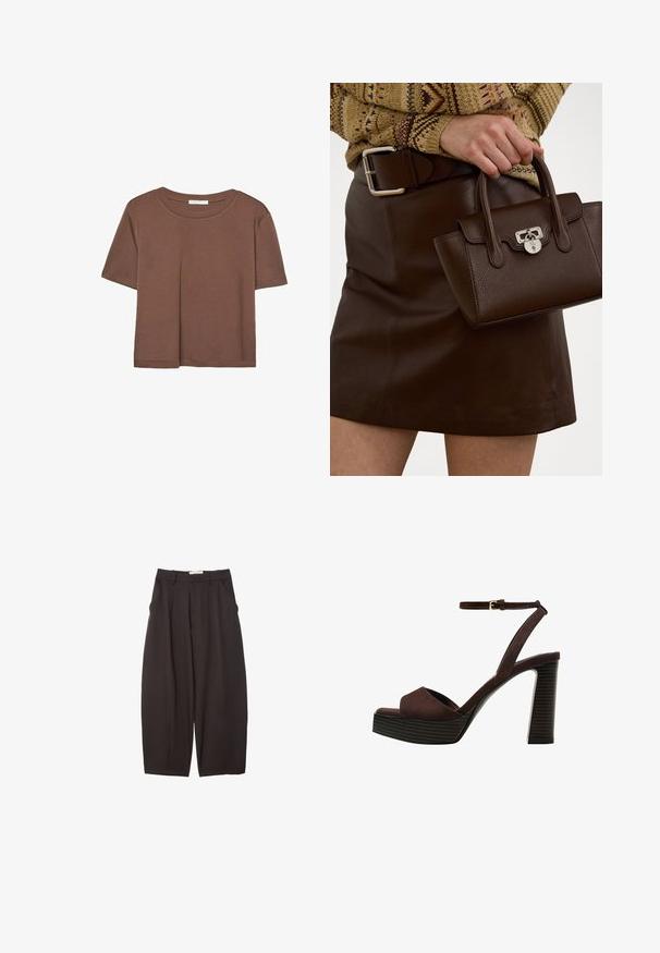 Hnedé tričko s krátkym rukávom vyrobené z jemného materiálu, s okrúhlym výstrihom a voľným strihom. Žiadne viditeľné vzory ani akcenty.; Čierne široké nohavice vyrobené z hladkej tkaniny, s vysokým pásom, prednými skladmi a bočnými vreckami. Jednoduchý dizajn bez ozdôb.; Hnedé semišové sandále na vysokom podpätku s otvorenou špičkou, nastaviteľným členkovým remienkom a pruhovanou platformovou podrážkou.; Hnedá kožená kabelka s textúrovaným povrchom a striebornými detailmi, držiaca sa v ruke vedľa hnedej koženej sukne a vzorovanej svetre.