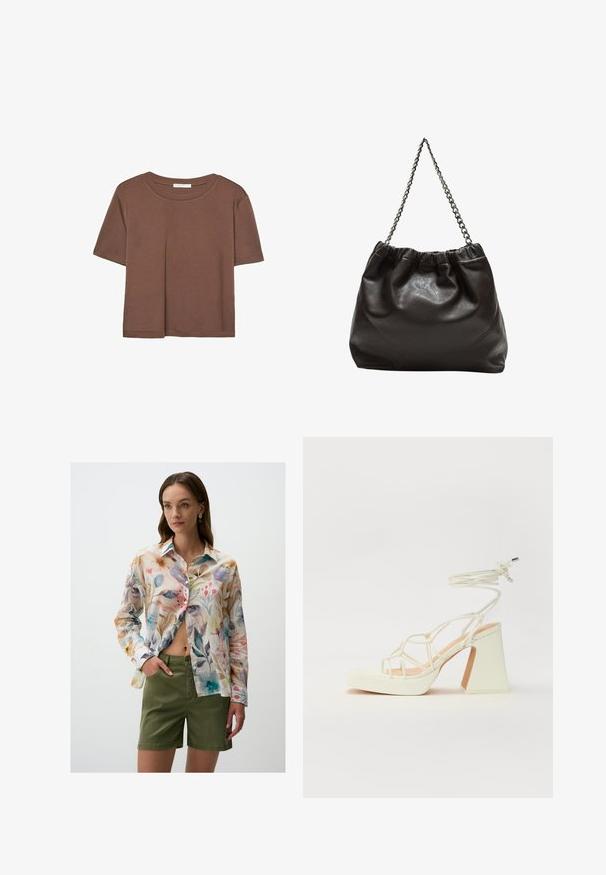 Brązowa koszulka z krótkim rękawem, wykonana z miękkiego materiału, z okrągłym dekoltem i luźnym krojem. Brak widocznych wzorów lub akcentów.; Jimmy Key - Szorty jeansowe; Biała sandał na wysokim obcasie z masywnym słupkiem, z paskowym wzorem i wiązaniem przy kostce. Gładka faktura z platformą z przodu dla dodatkowej wysokości.; Brązowa skórzana torba z marszczonym szczytem i łańcuszkowym paskiem. Gładka tekstura z błyszczącym wykończeniem i subtelnymi detalami szwów po bokach.