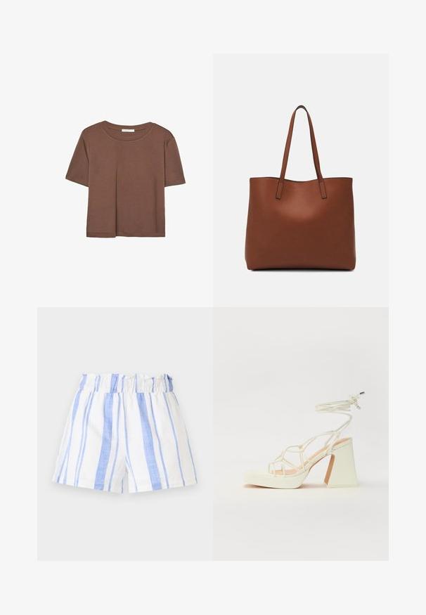 Hnedé tričko s krátkym rukávom vyrobené z jemného materiálu, s okrúhlym výstrihom a voľným strihom. Žiadne viditeľné vzory ani akcenty.; Biele šortky s modrými vertikálnymi pruhmi, ktoré majú zhrnutý elastický pás a ľahkú, textúrovanú látku.; Biele sandále na vysokom opätku s hrubým podpätkom, s pruhovaným dizajnom a viazaním na členku. Hladký povrch s platformou vpredu pre zvýšenú výšku.; Hnedá kožená taška na rameno s hladkou textúrou, otvoreným vrchom a dvoma ramenými popruhmi. Má minimálne šitia a žiadne viditeľné kovania.