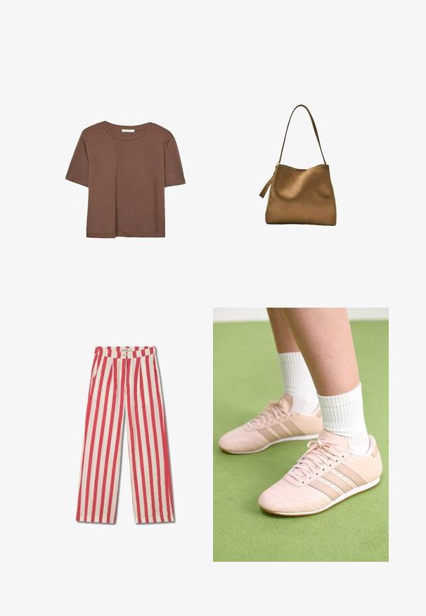 Braunes, kurzärmliges T-Shirt aus weichem Material mit rundem Halsausschnitt und lockerer Passform. Keine sichtbaren Muster oder Akzente.; Rote und weiße gestreifte weite Hose mit Knopfverschluss, Falten und seitlichen Taschen. Hergestellt aus einem leichten Stoff.; Helle rosa Sportschuhe mit schrägen Nähten, weißen Sohlen und drei seitlichen Streifen. Getragen mit gestreiften weißen Socken auf grünem Untergrund.; Braune Wildleder-Handtasche mit glatter Textur, gewölbtem oberen Teil und einem langen, flachen Schulterriemen. Verfügt über einen Reißverschlussschieber auf einer Seite.