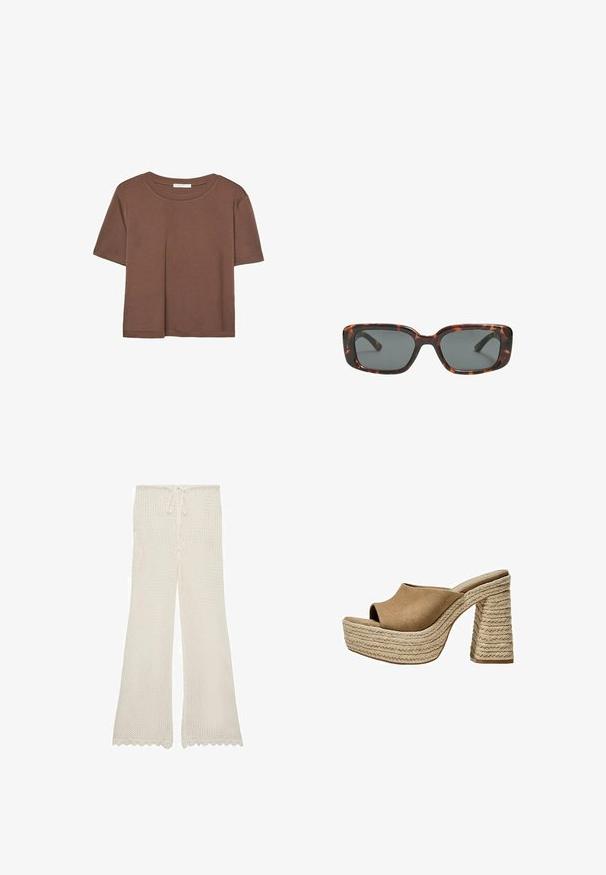 Brun kortärmad t-shirt i mjukt tyg, med rund halsringning och avslappnad passform. Inga synliga mönster eller detaljer.; Krämfärgade stickade byxor med dragsko i midjan, flare-ben design och vågiga fållar, tillverkade av ett lätt och ventilerande tyg.; Bruna mockaskinnsplattformar med öppen tå, med en kraftig flätad jute-klack och en slät, rundad ovandel.; Sköldpaddsmönstrade solglasögon med rektangulära linser, tjocka bågar och mörkt tonade linser. Slät yta och minimalistisk design.