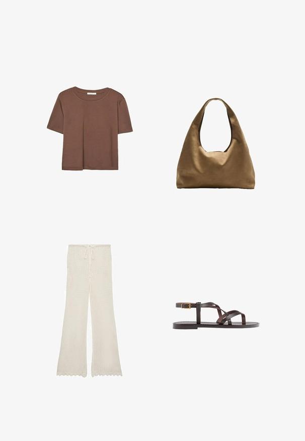 Braunes, kurzärmliges T-Shirt aus weichem Material mit rundem Halsausschnitt und lockerer Passform. Keine sichtbaren Muster oder Akzente.; Cremefarbene Strickhose mit einem Kordelzugbund, ausgestelltem Bein-Design und gewelltem Saum, gefertigt aus einem leichten, atmungsaktiven Stoff.; Braune Leder-Sandale mit überkreuzten Riemen, einem Knöchelriemen mit Schnalle und einer flachen Sohle mit minimalen Nähdetails.; Braune Stoffschultertasche mit einem breiten, runden Körper und einem großen Ausschnittgriff. Sanfte Textur, minimalistisches Design und keine sichtbaren Beschläge.