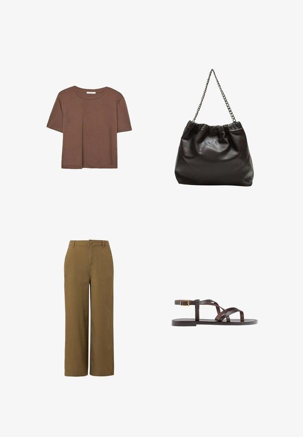Brązowa koszulka z krótkim rękawem, wykonana z miękkiego materiału, z okrągłym dekoltem i luźnym krojem. Brak widocznych wzorów lub akcentów.; Brązowe spodnie w szerokim kroju wykonane z teksturowanej mieszanki bawełny, z zamknięciem na guzik z przodu i standardowym fasonem w talii.; Brązowe skórzane sandały z krzyżującymi się paskami, zapięciem na klamrę przy kostce oraz płaską podeszwą z minimalnymi detalami szycia.; Brązowa skórzana torba z marszczonym szczytem i łańcuszkowym paskiem. Gładka tekstura z błyszczącym wykończeniem i subtelnymi detalami szwów po bokach.