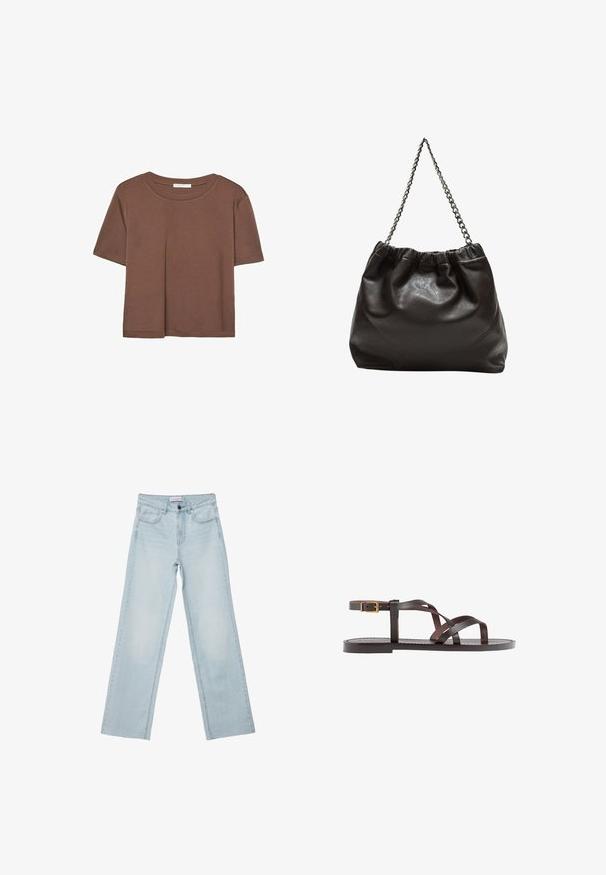 Smeđi kratki rukav majica od mekog materijala, s okruglim izrezom i opuštenim krojem. Nema vidljivih uzoraka ili naglasaka.; Svijetloplave široke traperice s pet džepova, dugmadi za zatvaranje i izblijedjelim detaljima. Klasičan ravni kroj s opuštenim fitom.; Smeđe kožne sandale s iskrižanim trakama, umetkom za zapešće s kopčanjem i ravnim potplatom s minimalnim detaljima šivanja.; Smeđa kožna torba s naboranim vrhom i lančićem za nošenje. Glatka tekstura s sjajnim završetkom i suptilnim šavnim detaljima sa strane.