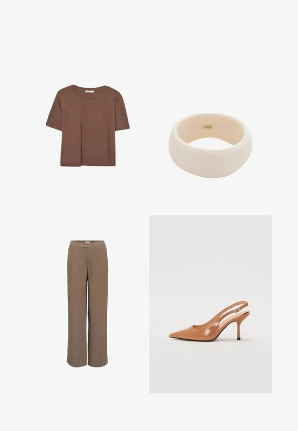 Brun kortærmet t-shirt lavet af blødt stof, med rund halsudskæring og afslappet pasform. Ingen synlige mønstre eller detaljer.; Bredde bukser i en neutral brun nuance, med en glat tekstur og en elastisk talje for komfort og nem påklædning.; Spids tå slingback hæl i et glat, blankt tan materiale. Har et buet udskæring design og en slank stiletto hæl. Sølv spænde detalje.; Blanket beige bangle lavet af glat harpiks. Rund form med en ensartet overflade og et lille guld logo indeni.