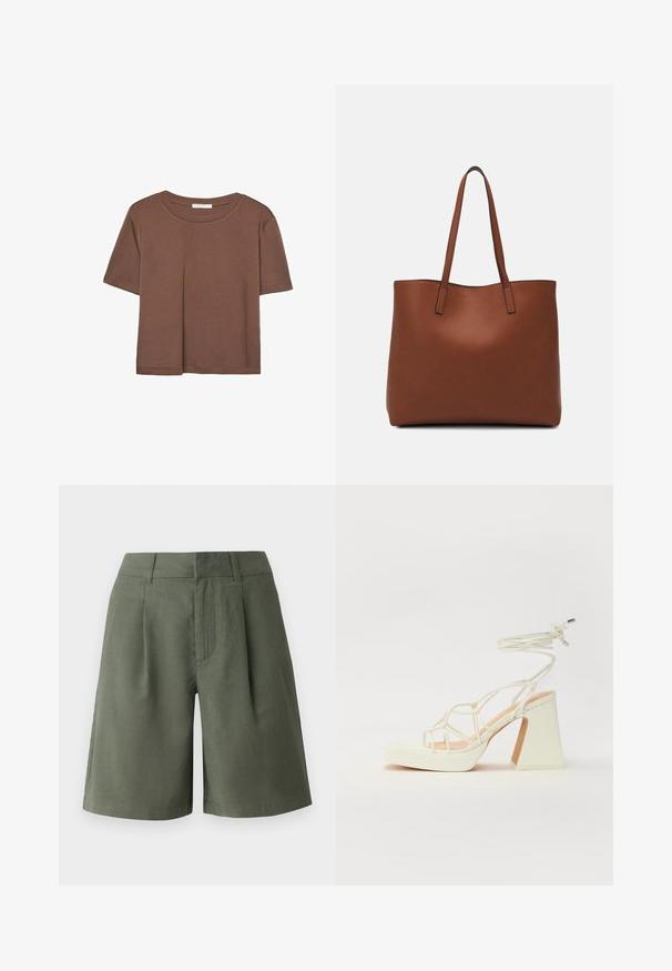 Hnedé tričko s krátkym rukávom vyrobené z jemného materiálu, s okrúhlym výstrihom a voľným strihom. Žiadne viditeľné vzory ani akcenty.; Zelené šortky vyrobené z textúrovanej látky. Majú predné sklady, bočné vrecká a rovný strih, s lemom tesne nad kolenom.; Biele sandále na vysokom opätku s hrubým podpätkom, s pruhovaným dizajnom a viazaním na členku. Hladký povrch s platformou vpredu pre zvýšenú výšku.; Hnedá kožená taška na rameno s hladkou textúrou, otvoreným vrchom a dvoma ramenými popruhmi. Má minimálne šitia a žiadne viditeľné kovania.