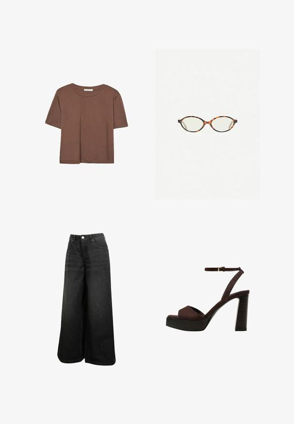 Hnědé tričko s krátkým rukávem vyrobené z měkké látky, s kulatým výstřihem a volným střihem. Bez viditelných vzorů nebo dekorací.; Černé široké džínové kalhoty s vysokým pasem, předním knoflíkem, kapsami a jemným logem na přední kapse.; Hnědé semišové sandály na vysokém podpatku s otevřenou špičkou, nastavitelným páskem kolem kotníku a proužkovou platformou.; Želvovinové brýle s oválnými čočkami a hladkým, jemným povrchem. Má tenké bočnice s jemným zakřivením v chrámcích. Čiré čočky.