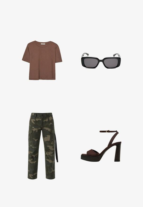 Brązowa koszulka z krótkim rękawem, wykonana z miękkiego materiału, z okrągłym dekoltem i luźnym krojem. Brak widocznych wzorów lub akcentów.; Spodnie cargo w kamuflażu w odcieniach zieleni z jasnobeżowymi wzorami, z kieszeniami bocznymi, zapięciem na guzik oraz czarnymi detalami w postaci sznurka.; Brązowe zamszowe sandały na wysokim obcasie z odkrytymi palcami, regulowanym paskiem na kostce i paskowatą podeszwą.; Czarne prostokątne okulary przeciwsłoneczne z ciemnymi soczewkami, gładką plastikową ramką i wygiętymi zausznikami. Projekt jest masywny, o minimalistycznej estetyce.