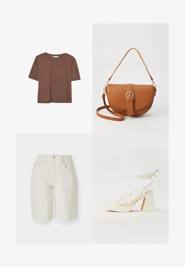 Maglietta a maniche corte marrone realizzata in tessuto morbido, con scollatura rotonda e vestibilità rilassata. Nessun motivo o dettaglio visibile.; Shorts in denim beige con vita media, cinque tasche e design a gamba dritta. Il tessuto sembra resistente, con una consistenza liscia e orlo sfrangiato.; Sandalo bianco con tacco alto, caratterizzato da un design a cinturini e un legaccio alla caviglia. Texture liscia con una piattaforma frontale per un'altezza aggiuntiva.; Borsa a tracolla in pelle marrone con forma curvata, hardware dorato e un dettaglio con fibbia. Presenta una tracolla rimovibile.