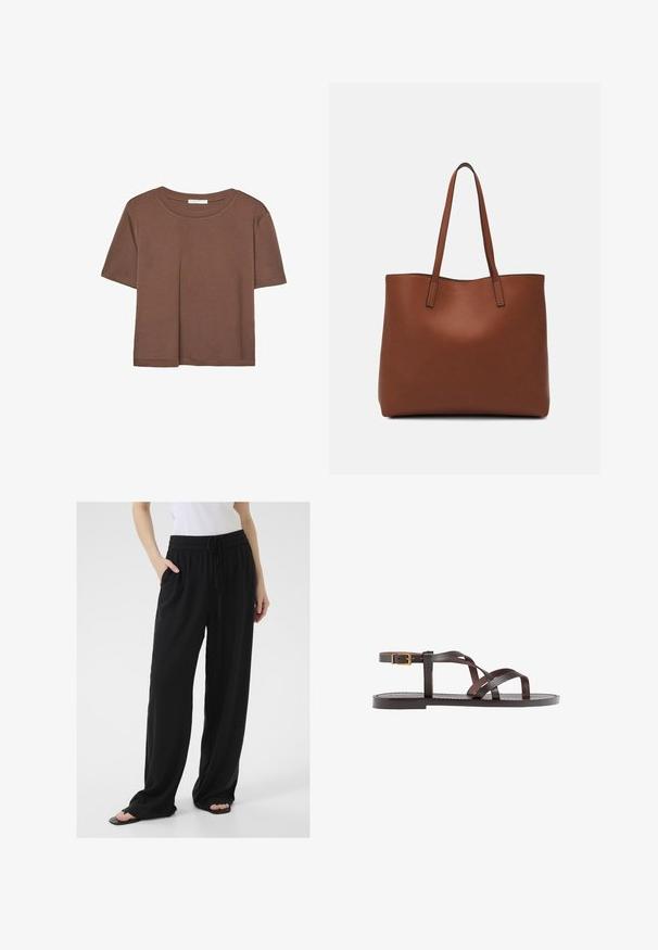 Brown short-sleeve t-shirt made of soft fabric, with a round neckline and relaxed fit. No visible patterns or accents.; Black, loose-fitting pants made of soft fabric with an elastic waistband, adjustable drawstring, and side pockets. Flared leg design.; Brown leather sandal featuring crisscross straps, an ankle buckle closure, and a flat sole with minimal stitching details.; Brown leather tote bag with a smooth texture, open top design, and two shoulder straps. Features minimal stitching and no visible hardware.
