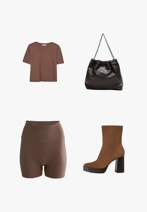 T-shirt marron à manches courtes en tissu doux, avec un col rond et une coupe décontractée. Aucun motif ni accent visible.; aim’n® SHAPE SEAMLESS - Short - brown; Botte cheville en suède marron avec un bout rond, un large talon à rayures noires et une surface lisse. Présente un design ajusté sans quincaillerie visible.; Sac en cuir marron avec un haut froncé et une bandoulière en chaîne. Texture lisse avec une finition brillante et des coutures subtiles sur les côtés.