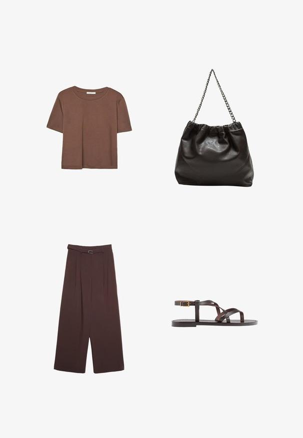 Braunes, kurzärmliges T-Shirt aus weichem Material mit rundem Halsausschnitt und lockerer Passform. Keine sichtbaren Muster oder Akzente.; Stradivarius WIDE-LEG WITH BUCKLE DETAIL - Stoffhose - dark brown; Braune Leder-Sandale mit überkreuzten Riemen, einem Knöchelriemen mit Schnalle und einer flachen Sohle mit minimalen Nähdetails.; Braune Lederhandtasche mit gerafftem Oberteil und Kettenriemen. Glatte Textur mit glänzendem Finish und subtilen Nahtdetails an den Seiten.