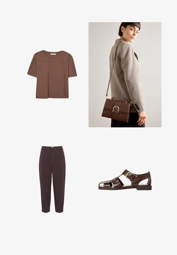 Kahvinsävyinen lyhythihainen t-paita, joka on valmistettu pehmeästä kankaasta. Pyöreä pääntie ja rento malli. Ei näkyviä kuvioita tai koristeita.; Tummanruskeat, korkeavyötäröiset housut rentoa istuvuutta, laskostettu etuosa ja kapenevat lahkeet, joissa on sileä pinta ja ei näkyviä varusteita.; Ruske nahkale sandale s izrezanim dizajnom, prilagodljivo sponko na strani in ravnim podplatom, z metalnimi detajli in odprtimi prsti.; Ruskea nahkainen olkalaukku, jossa on kultainen solki, suorakulmainen muoto, sileä pinta ja irrotettava hihna.
