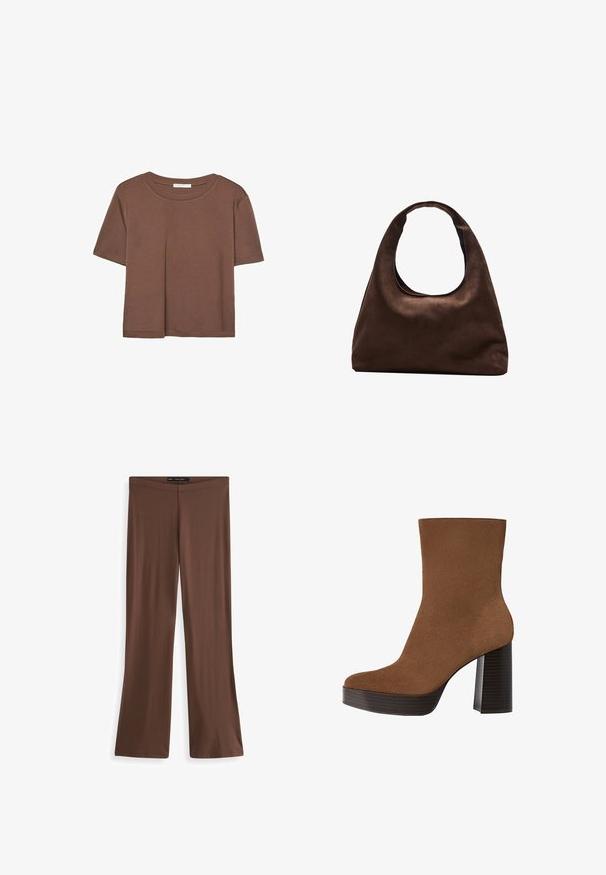 Hnedé tričko s krátkym rukávom vyrobené z jemného materiálu, s okrúhlym výstrihom a voľným strihom. Žiadne viditeľné vzory ani akcenty.; Hnedé elastické nohavice s rozšírením, hladkej textúry a elastickým pásom. Žiadne viditeľné vzory ani kovové doplnky. Jednoduchý, celodlhý dizajn.; Hnedé z semišu členkové topánky s okrúhlou špičkou, robustným čiernym pruhovaným podpätkom a hladkým povrchom. Vyhotovenie je prispôsobené bez viditeľných kovových prvkov.; Svetlohnedá kabelka v štýle hobo s jedným širokým popruhom a zakriveným otváraním na vrchu, vystavená na bielom pozadí.