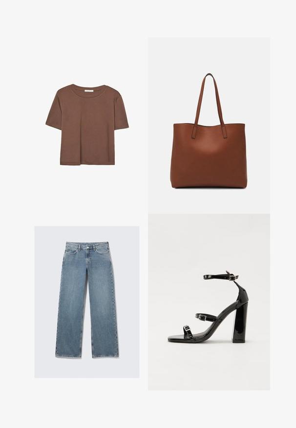Brązowa koszulka z krótkim rękawem, wykonana z miękkiego materiału, z okrągłym dekoltem i luźnym krojem. Brak widocznych wzorów lub akcentów.; Jasnoniebieskie spodnie dżinsowe o wysokim stanie o prostym kroju, z przednimi kieszeniami, szlufkami na pasek i zapięciem na guzik na białym tle.; Czarne lakierowane sandały na obcasie z kwadratowym noskiem, z paskami wokół kostki i srebrnymi klamrami. Posiadają masywny słupek dla stabilności.; Brązowa skórzana torba tote o gładkiej fakturze, z otwartym wierzchem i dwoma ramiączkami. Charakteryzuje się minimalnym przeszyciem i brakiem widocznych elementów metalowych.