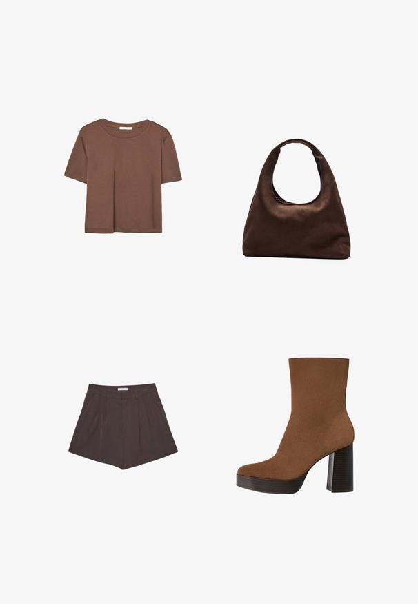Braunes, kurzärmliges T-Shirt aus weichem Material mit rundem Halsausschnitt und lockerer Passform. Keine sichtbaren Muster oder Akzente.; Braune, gefaltete Shorts mit vertikalen Streifen, ausgestattet mit einem flachen Taillenbund und einer taillierten Silhouette. Kurze Länge mit sauberen Nähten.; Braunes Wildleder-Ankle Boot mit runder Spitze, klobigem schwarz gestreiften Absatz und glatter Oberfläche. Besitzt ein enganliegendes Design ohne sichtbare Beschläge.; Weiche braune Hobo-Stil Handtasche mit einem einzigen breiten Trageriemen und einer geschwungenen Oberteilöffnung, auf einem weißen Hintergrund präsentiert.