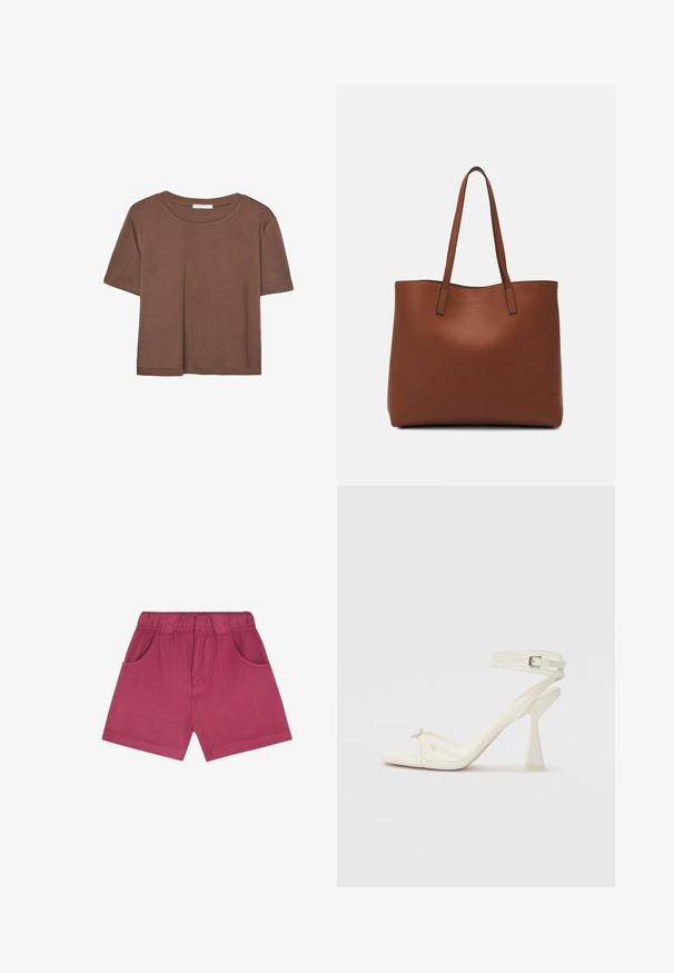 Brązowa koszulka z krótkim rękawem, wykonana z miękkiego materiału, z okrągłym dekoltem i luźnym krojem. Brak widocznych wzorów lub akcentów.; Szorty w kolorze fuksji z miękkiego materiału, z elastycznym pasem, dwiema bocznymi kieszeniami i prostym krojem do wysokości połowy uda.; Białe skórzane sandały na wysokim obcasie z paskami, o smukłym wyglądzie, z przezroczystym słupkiem i ozdobnym elementem na palcach.; Brązowa skórzana torba tote o gładkiej fakturze, z otwartym wierzchem i dwoma ramiączkami. Charakteryzuje się minimalnym przeszyciem i brakiem widocznych elementów metalowych.