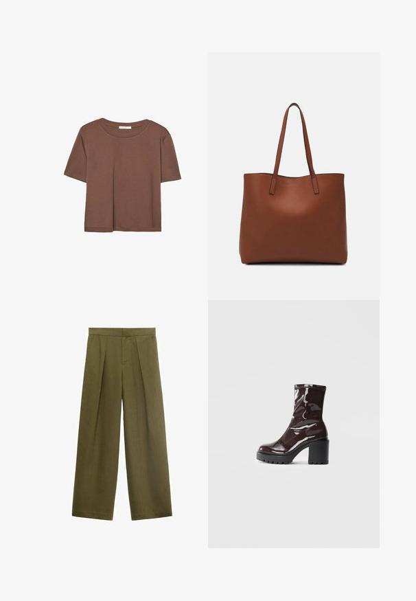 Smeđi kratki rukav majica od mekog materijala, s okruglim izrezom i opuštenim krojem. Nema vidljivih uzoraka ili naglasaka.; Maslinasto zelene hlače širokih nogavica napravljene od teksturirane tkanine, s prednjim nabora i zatvaranjem na patentni zatvarač, ravnog kroja i bez vidljivih džepova.; Sjajna burgundska čizma do gležnja s debelim crnim potplatom, koja se odlikuje glatkom teksturom i jednostavnim dizajnom. Nema vidljivih kopčanja ili uzoraka.; Smeđa kožna torba preko ramena s glatkom teksturom, otvorenim vrhom i dvjema naramenicama. Ima minimalne šavove i nema vidljivog hardvera.