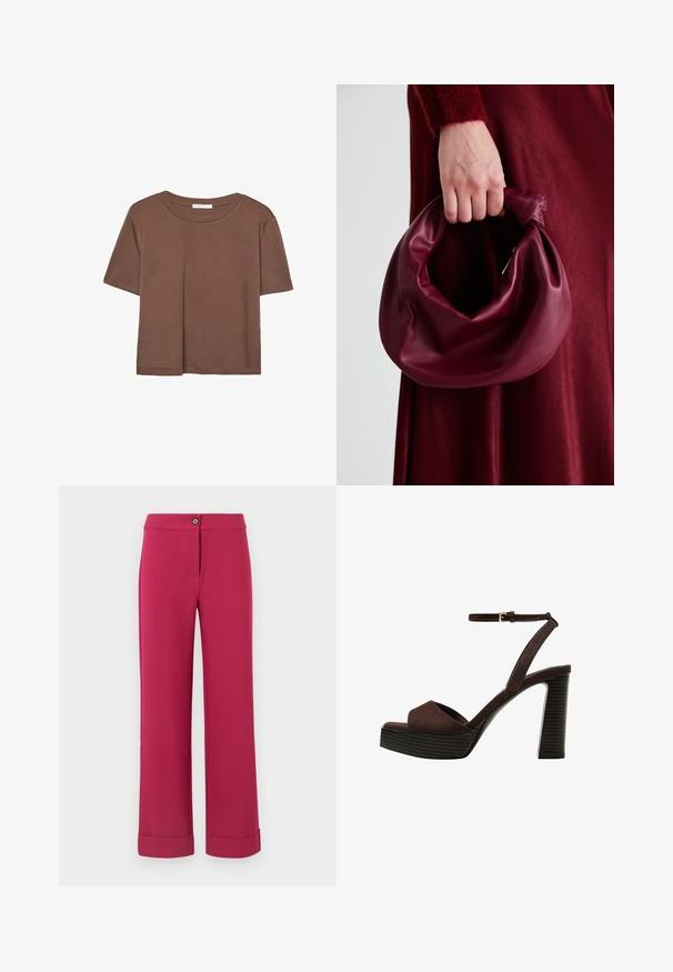 Hnedé tričko s krátkym rukávom vyrobené z jemného materiálu, s okrúhlym výstrihom a voľným strihom. Žiadne viditeľné vzory ani akcenty.; Fuchsiové nohavice so širokými nohavicami a hladkou textúrou, s predným zapínaním na gombík a preloženými manžetami na okraji.; Hnedé semišové sandále na vysokom podpätku s otvorenou špičkou, nastaviteľným členkovým remienkom a pruhovanou platformovou podrážkou.; Burgundská kožená kabelka s mäkkým, zhromaždeným dizajnom a zaobleným tvarom. Rukoväť je pevne zaisťujúca a vystavuje hladkú textúru.