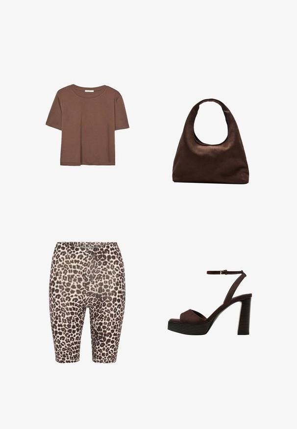 Maglietta a maniche corte marrone realizzata in tessuto morbido, con scollatura rotonda e vestibilità rilassata. Nessun motivo o dettaglio visibile.; Shorts da bicicletta con stampa leopardata in una combinazione di colori nero e beige, vita elastica e texture liscia. Lunghezza a metà coscia con un design aderente.; Sandal in camoscio marrone con tacco alto, punta aperta, cinturino alla caviglia regolabile e suola a piattaforma striata.; Borsa hobo di un morbido marrone con una sola tracolla larga e un'apertura a manico curvo, esposta su uno sfondo bianco.