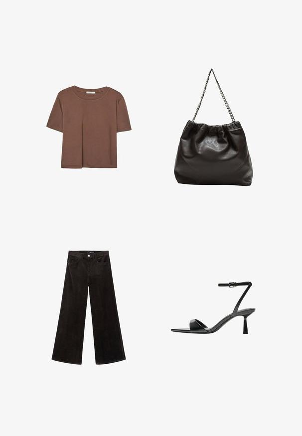 Rjava kratka majica s kratkimi rokavi iz mehkega materiala, s krožnim izrezom in ohlapnim krojem. Brez vidnih vzorcev ali dodatkov.; Črne široke hlače iz kordnega blaga z visokim pasom, sprednjimi žepi in teksturirano tkanino, z gumbom za zapiranje in zankami za pas.; Bershka Sandali z visoko peto - black; Rjava usnjena torba z nabranim vrhom in verižnim trakom. Gladka tekstura z sijajno površino in subtilnimi šivi na straneh.