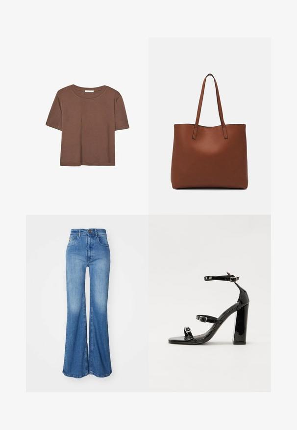 Brun kortärmad t-shirt i mjukt tyg, med rund halsringning och avslappnad passform. Inga synliga mönster eller detaljer.; Uppflutna blå denimjeans med hög midja. Ljus tvätt med subtil blekning. Har framfickor och klassisk knäppning.; Svarta lackerade klacksandaler med fyrkantig tå, ankelremmar och silverfärgade spännen. Har en kraftig blockklack för stabilitet.; Brun läder tote-väska med en slät textur, öppen toppdesign och två axelremmar. Har minimal söm och ingen synlig metalldetalj.