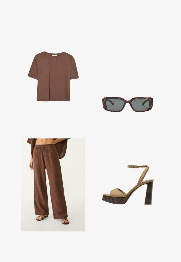 Brown short-sleeve t-shirt made of soft fabric, with a round neckline and relaxed fit. No visible patterns or accents.; Brown wide-leg pants with a textured fabric, featuring an elastic waistband. Paired with flat, strappy sandals.; Beige suede high-heeled sandals with a wide front strap and ankle strap, featuring a chunky wooden block heel with a textured finish.; Tortoiseshell sunglasses with rectangular lenses, thick frames, and dark tinted lenses. Smooth texture and minimalistic design.