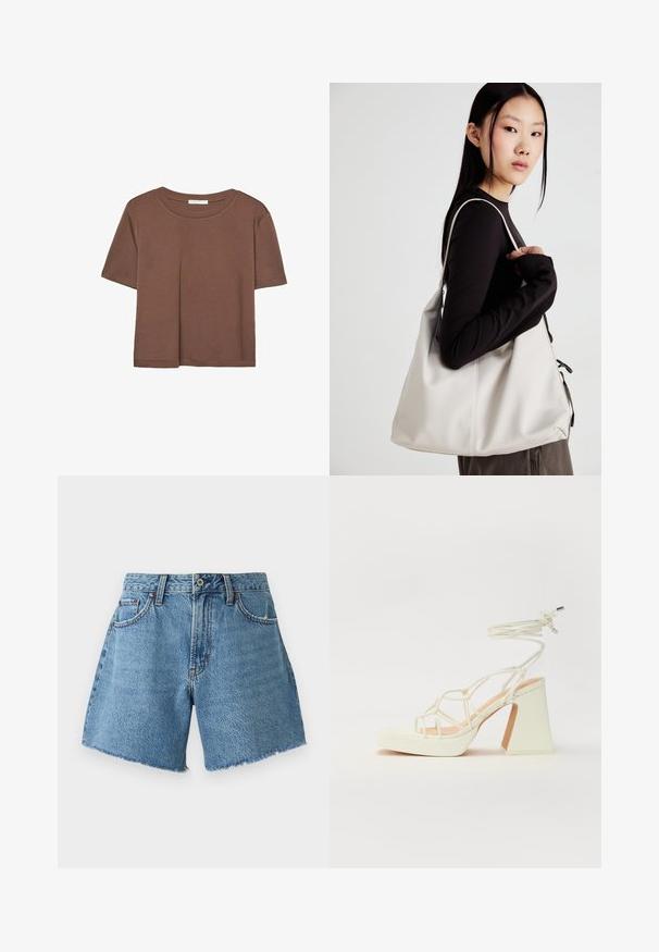 Brun kortærmet t-shirt lavet af blødt stof, med rund halsudskæring og afslappet pasform. Ingen synlige mønstre eller detaljer.; Abercrombie & Fitch CURVE LOVE SHORT - Denimshorts - light blue denim; Hvide højhælede sandaler med en kraftig hæl, der har et stropdesign og ankelbinding. Glat tekstur med en platform foran for ekstra højde.; Beige håndtaske lavet af blødt materiale med et slouchy design, stikninger og to skulderremme. Velegnet til daglig brug.