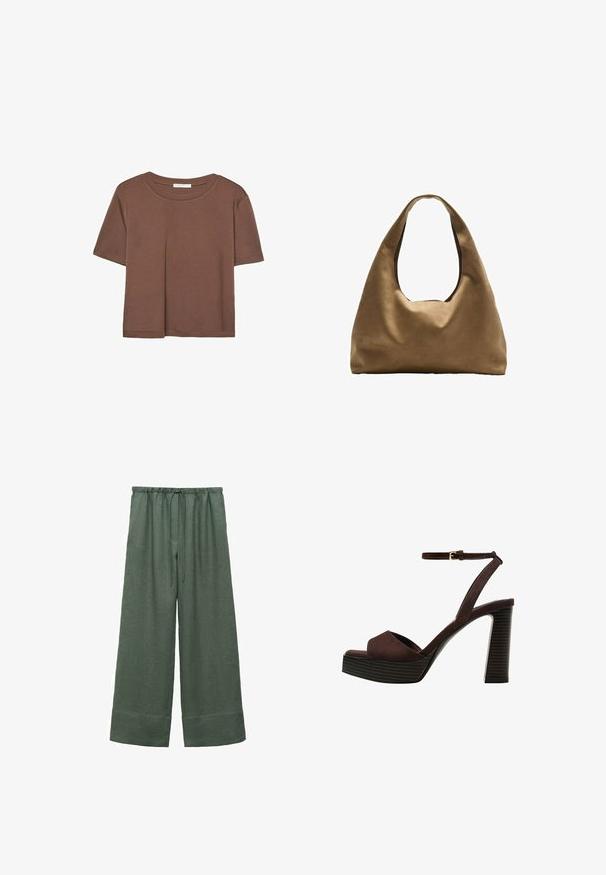 Brązowa koszulka z krótkim rękawem, wykonana z miękkiego materiału, z okrągłym dekoltem i luźnym krojem. Brak widocznych wzorów lub akcentów.; Zielone lniane spodnie w szerokim kroju z wiązaniem w talii, charakteryzujące się gładką fakturą i skróconym dołem.; Brązowe zamszowe sandały na wysokim obcasie z odkrytymi palcami, regulowanym paskiem na kostce i paskowatą podeszwą.; Brązowa torba na ramię z szerokim, zaokrąglonym kształtem i dużym wyciętym uchwytem. Miękka tekstura, minimalistyczny design i brak widocznych elementów metalowych.