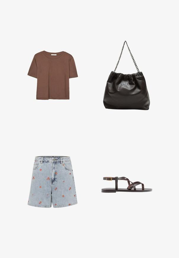 Hnědé tričko s krátkým rukávem vyrobené z měkké látky, s kulatým výstřihem a volným střihem. Bez viditelných vzorů nebo dekorací.; Světle modré džíny šortky s červenou květinovou výšivkou. Mají vysoký pas, přední kapsy a rovný střih.; Hnědé kožené sandály s kříženými pásky, uzavřením na přezku u kotníku a plochou podrážkou s minimem švů.; Hnědá kožená taška se sbíraným vrškem a řetízkovým popruhem. Hladký povrch s lesklým finišem a jemným švem na bocích.