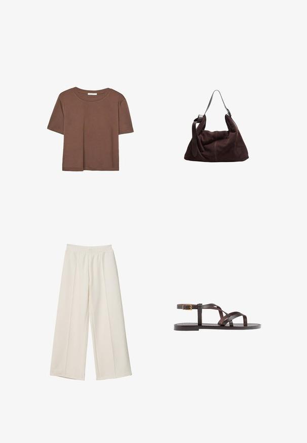 Braunes, kurzärmliges T-Shirt aus weichem Material mit rundem Halsausschnitt und lockerer Passform. Keine sichtbaren Muster oder Akzente.; Weit geschnittene, cremefarbene Hosen mit elastischem Bund und Vordernahtdetails, aus glattem Stoff gefertigt.; Braune Leder-Sandale mit überkreuzten Riemen, einem Knöchelriemen mit Schnalle und einer flachen Sohle mit minimalen Nähdetails.; Dunkelbraune Wildleder-Hobo-Schultertasche mit breitem, verstellbarem Ledertragegurt und weichem, lässigem Körper vor weißem Hintergrund.
