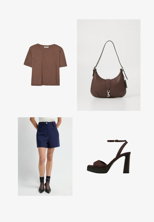 Brązowa koszulka z krótkim rękawem, wykonana z miękkiego materiału, z okrągłym dekoltem i luźnym krojem. Brak widocznych wzorów lub akcentów.; Kobieta ubrana w granatowe szorty z wysokim stanem z kieszeniami na klapki, czarne przezroczyste skarpety, czarne czółenka na szpilkach oraz białą, fakturowaną bluzkę.; Brązowe zamszowe sandały na wysokim obcasie z odkrytymi palcami, regulowanym paskiem na kostce i paskowatą podeszwą.; Brązowa skórzana torebka o zaokrąglonym kształcie, ze srebrnymi elementami i dekoracyjnym przeszyciem. Posiada pasek na ramię i zapięcie na zamek.