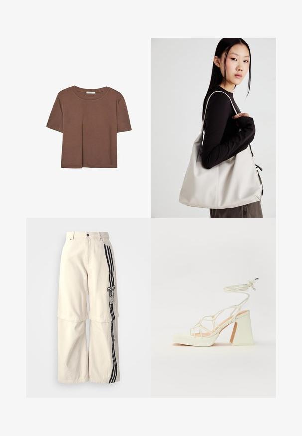 Hnedé tričko s krátkym rukávom vyrobené z jemného materiálu, s okrúhlym výstrihom a voľným strihom. Žiadne viditeľné vzory ani akcenty.; Bežové nohavice s širokými nohavicami vyrobené z bavlny, s čiernym trojpruhovým dizajnom po boku a nášivkou loga Adidas na stehne.; Biele sandále na vysokom opätku s hrubým podpätkom, s pruhovaným dizajnom a viazaním na členku. Hladký povrch s platformou vpredu pre zvýšenú výšku.; Béžová kabelka vyrobená z mäkkého materiálu, s uvoľneným dizajnom, prišitými detailmi a dvoma popruhmi na nosenie na pleciach. Vhodná na každodenné nosenie.