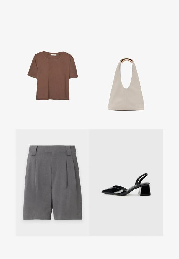 Kahvinsävyinen lyhythihainen t-paita, joka on valmistettu pehmeästä kankaasta. Pyöreä pääntie ja rento malli. Ei näkyviä kuvioita tai koristeita.; Harmaat räätälöidyt shortsit, jotka on valmistettu hienosta tekstuurista kankaasta. Piirteet etupinnoissa, vyölenkit ja sivutaskut luovat rakenteellisen ilmeen.; Mustat patentoitu nahkakengät, joissa on säären takaosa ja terävä kärki, sekä geometrinen palikkakorko. Sisältää tyylikkään, minimalistisen muotoilun ja sileän pinnan.; Vaalea harmaa nahkalaukku, jossa on U-muotoinen muotoilu ja kaareva metallikahva. Suora pinta, jossa on minimaalinen ompelu ja ei näkyviä kuvioita.