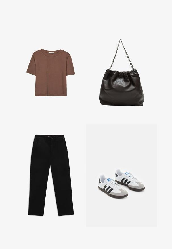Korte mouwen T-shirt in bruin, gemaakt van een zachte stof, met een ronde halslijn en een relaxte pasvorm. Geen zichtbare patronen of accenten.; Zwarte katoenen twill broek met een rechte pijp, voorzien van voorzakken, een knoopsluiting en subtiele contrasterende details op de tailleband.; Sportschoenen met een witte leren bovenkant, grijze suède neus en drie zwarte strepen. Bevat een blauw logo op de tong en een gestructureerde rubberen zool.; Bruine leren tas met een geplooide bovenkant en een kettinghengsel. Glad textuur met een glanzende afwerking en subtiele naaddetails aan de zijkanten.