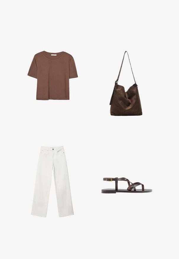 Kahvinsävyinen lyhythihainen t-paita, joka on valmistettu pehmeästä kankaasta. Pyöreä pääntie ja rento malli. Ei näkyviä kuvioita tai koristeita.; Valkoiset leveälahkeiset farkut, joissa on korkea vyötärö, viisi taskua ja metallinen napp closure. Nämä farkut ovat sileäpintaiset ilman kuvioita.; Ruske kožne sandale s križnim trakama, zatvaranjem na kopču oko gležnja i ravnim potplatom s minimalnim detaljima šivanja.; Ruskea mokkanahkainen hobo-laukku, jossa on kaareva yläosa, pitkä hihna, jossa on pistekoristeet, ja pehmeä pinta. Ominaisuuksiin kuuluu rento muotoilu, joka sopii arkikäyttöön.