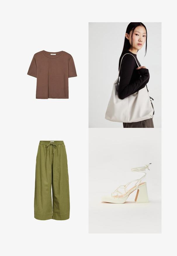 T-shirt marron à manches courtes en tissu doux, avec un col rond et une coupe décontractée. Aucun motif ni accent visible.; Pantalons larges verts en tissu léger, dotés d'une taille élastique avec cordon de serrage et d'une finition lisse et sans texture.; Sandale blanche à talons hauts avec un talon épais, présentant un design à lanières et un lien autour de la cheville. Texture lisse avec une plateforme à l'avant pour une hauteur supplémentaire.; Sac à main beige en matériau souple, avec un design décontracté, des détails cousus et deux poignées. Idéal pour un usage quotidien.