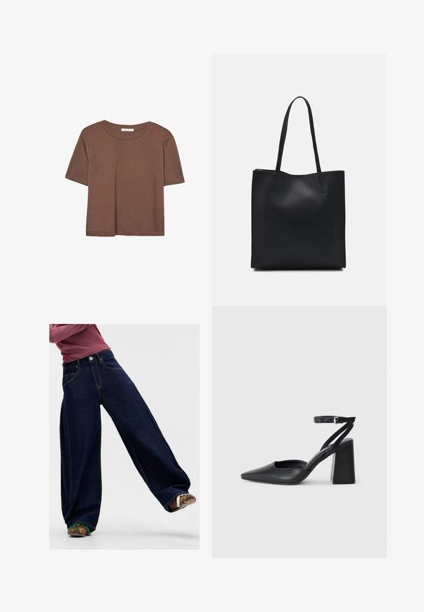 Kahvinsävyinen lyhythihainen t-paita, joka on valmistettu pehmeästä kankaasta. Pyöreä pääntie ja rento malli. Ei näkyviä kuvioita tai koristeita.; Tummansiniset leveälahkeiset farkut, jotka on valmistettu denimistä, kontrastivärillä ommeltuina, edessä taskulla ja nappikiinnityksellä vyötäröllä. Kankaan tekstuuri näkyy.; Mustat nahkakengät, joissa on kapea kärki, nilkkaremmi ja paksu korko. Tasainen pinta, tyylikäs muotoilu ja minimalistinen estetiikka.; Mustapahkainen kangaskassi, jossa on sileä pinta, suorakaiteen muotoinen ja kaksi pitkää kahvaa. Ei näkyvää metalliosaa tai koristeita.