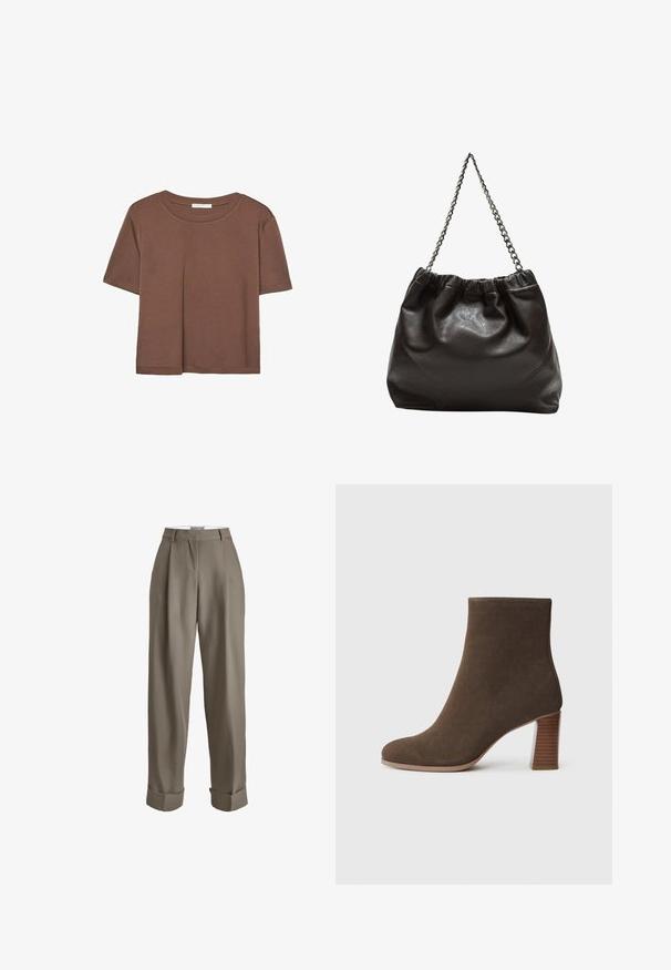 Rjava kratka majica s kratkimi rokavi iz mehkega materiala, s krožnim izrezom in ohlapnim krojem. Brez vidnih vzorcev ali dodatkov.; Taupe hlače z visokim pasom, širokega kroja, z gube, obrobami na koncu in gladko teksturo tkanine. Brez vidnih zakovic.; Rjave semiš gležnjarji z zaobljenim nosom in nagubanem, teksturiranem petam. Gladka zunanjost brez vidnih zakovic ali okraskov.; Rjava usnjena torba z nabranim vrhom in verižnim trakom. Gladka tekstura z sijajno površino in subtilnimi šivi na straneh.
