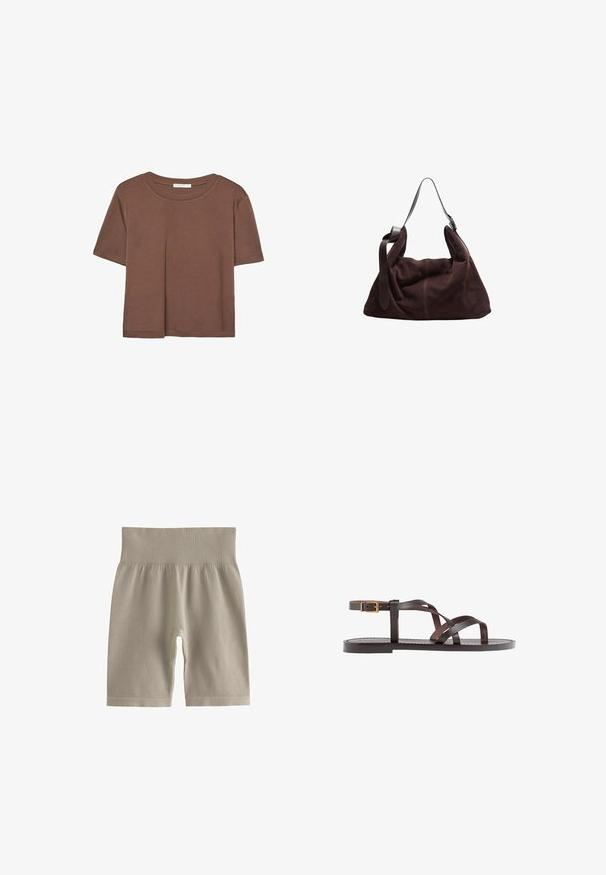 Maglietta a maniche corte marrone realizzata in tessuto morbido, con scollatura rotonda e vestibilità rilassata. Nessun motivo o dettaglio visibile.; Shorts da biker a coste in beige chiaro con un alto punto vita e una texture morbida, caratterizzati da un fit aderente e un design che arriva fino al ginocchio.; Sandal in pelle marrone con cinturini incrociati, chiusura con cinturino alla caviglia e suola piatta con dettagli di cucitura minimi.; Borsa a spalla hobo in suede marrone scuro con ampia tracolla in pelle regolabile e corpo morbido e sformato su sfondo bianco.