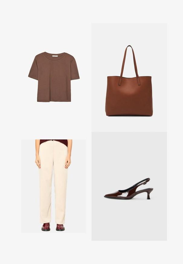 Hnedé tričko s krátkym rukávom vyrobené z jemného materiálu, s okrúhlym výstrihom a voľným strihom. Žiadne viditeľné vzory ani akcenty.; Bežové kordové nohavice so strihom rovného nohavičkového strihu, s širokými nohami a ribbovanou textúrou, v kombinácii so lesklými bordo topánkami.; Hnedá lakovaná slingback obuv s špicatou špičkou a mierne vysokým opätkom. Obsahuje pracku pre bezpečné upevnenie. Hladká textúra.; Hnedá kožená taška na rameno s hladkou textúrou, otvoreným vrchom a dvoma ramenými popruhmi. Má minimálne šitia a žiadne viditeľné kovania.