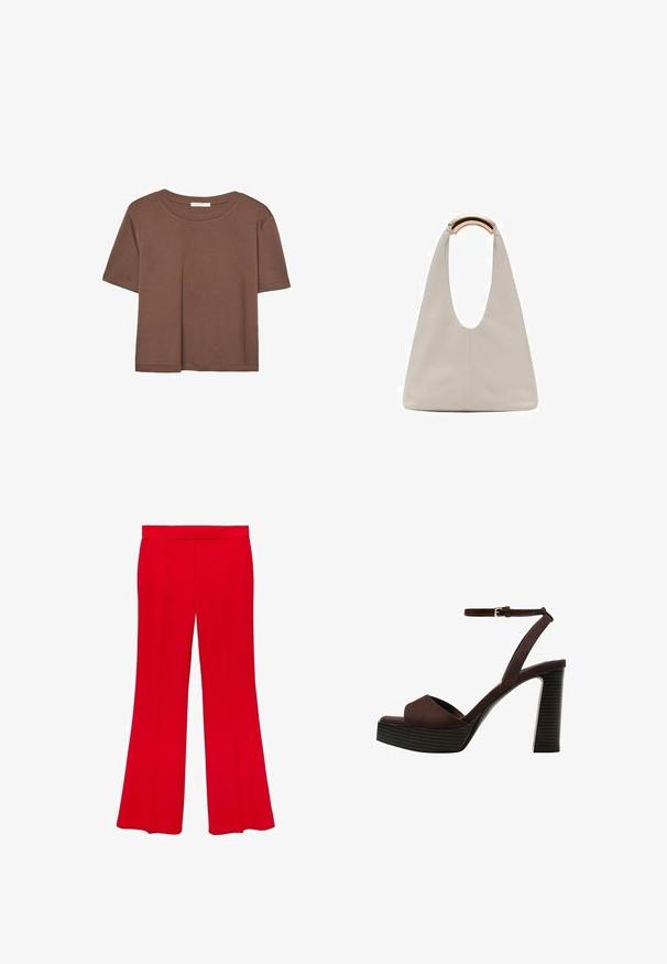 Maglietta a maniche corte marrone realizzata in tessuto morbido, con scollatura rotonda e vestibilità rilassata. Nessun motivo o dettaglio visibile.; Pantaloni svasati rossi realizzati in un tessuto morbido, con una vita alta e due tasche anteriori. Il design presenta linee pulite e una vestibilità su misura.; Sandal in camoscio marrone con tacco alto, punta aperta, cinturino alla caviglia regolabile e suola a piattaforma striata.; Borsa in pelle grigio chiaro con design a forma di U e manico metallico curvo. Texture liscia con cuciture minime e senza motivi visibili.