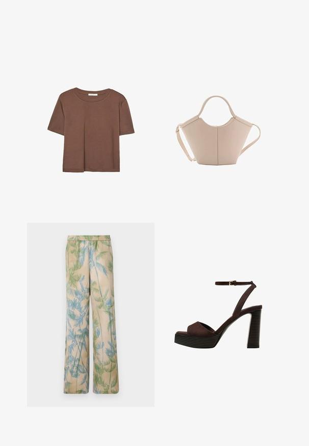 Smeđi kratki rukav majica od mekog materijala, s okruglim izrezom i opuštenim krojem. Nema vidljivih uzoraka ili naglasaka.; Lagane hlače opuštenog kroja od lagane tkanine u bež boji s printom zelenih i plavih palminih listova, s elastičnom gumom u struku i širokim nogavicama.; Smeđe zamšaste sandale s visokim potpeticama, otvorenim prstima, podesivom trakicom oko gležnja i prugastom platformom.; Bež kožna torba jedinstvenog oblika, s dva kratka ručka i dugom podesivom trakom. Glatka tekstura s minimalnim metalnim dodacima.