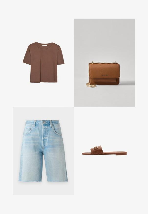 Hnědé tričko s krátkým rukávem vyrobené z měkké látky, s kulatým výstřihem a volným střihem. Bez viditelných vzorů nebo dekorací.; Svetle modré džíny s vysokým pasem, pěti kapsami a neupraveným lemem. Měkčí textura a klasický střih, vhodné pro každodenní nošení.; Hnědé kožené sandály na ploché podrážce s dvěma širokými pásky, zdobené dekorativním prošíváním a akcentem ve zlatém tónu. Design s plochou podrážkou.; Hnědá texturovaná kožená kabelka přes rameno se zlatým řetízkovým popruhem a klopnovým uzavíráním. Přední strana obsahuje detail loga a kapsu pod klopou.
