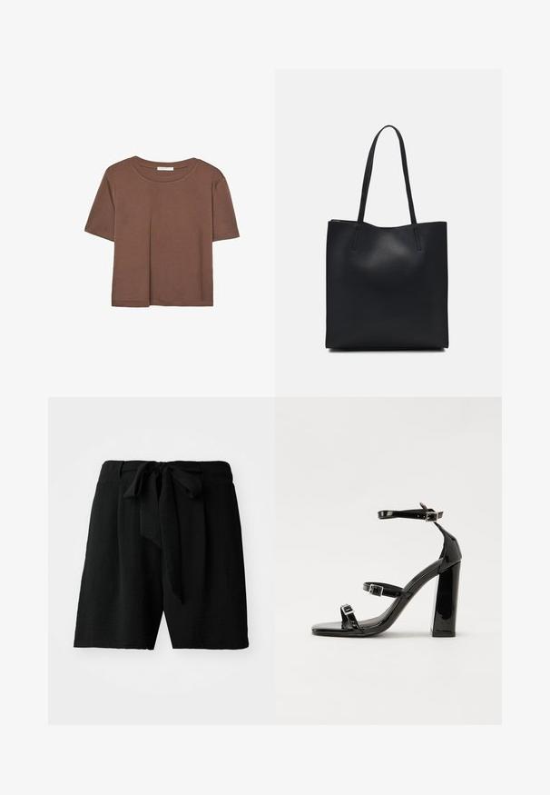 Braunes, kurzärmliges T-Shirt aus weichem Material mit rundem Halsausschnitt und lockerer Passform. Keine sichtbaren Muster oder Akzente.; Schwarze Shorts aus strukturiertem Stoff, mit einer Bindeschleife in der Taille und einer lockeren Passform, die bis zur Mitte des Oberschenkels reicht.; Schwarze patentierte Sandalen mit Absatz, quadratischer Spitze, Knöchelriemen und silbernen Schnallen. Mit einem stabilen Blockabsatz für mehr Stabilität.; Schwarze Laptoptasche aus Leder mit glatter Textur, rechteckiger Form und zwei langen Griffen. Keine sichtbaren Beschläge oder Verzierungen.
